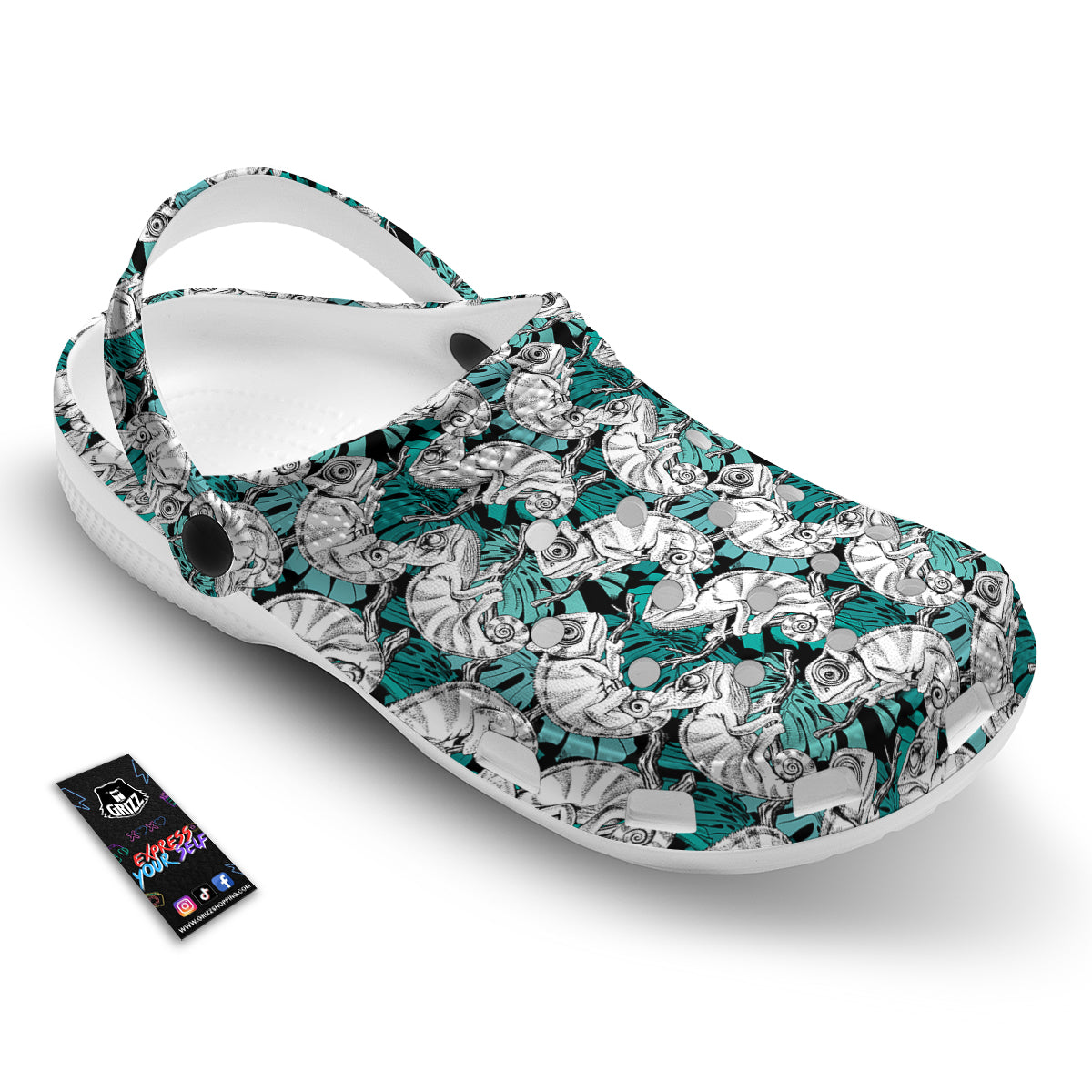 Drawing Chameleon And Monstera Leaf Print Pattern Clog-grizzshop