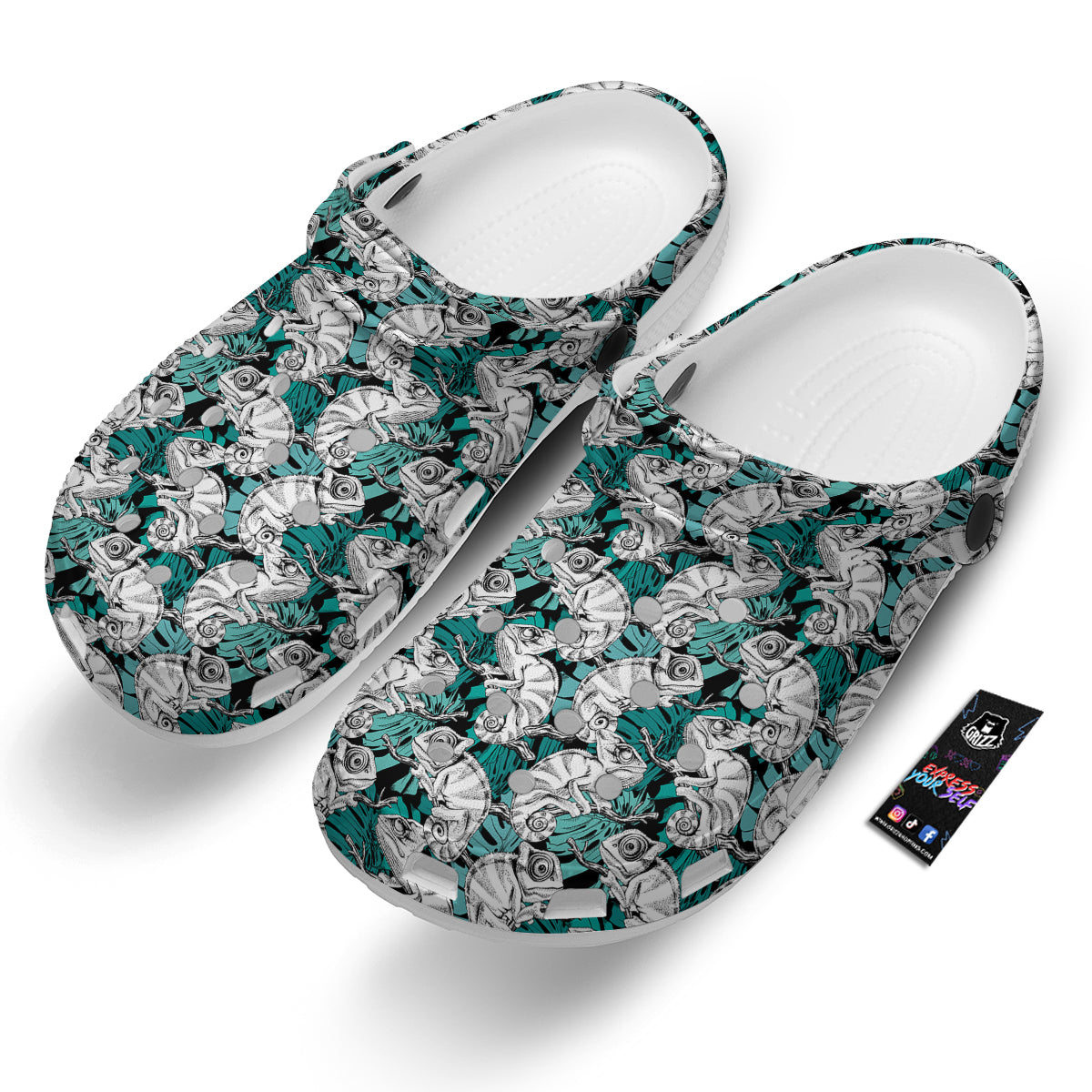 Drawing Chameleon And Monstera Leaf Print Pattern Clog-grizzshop