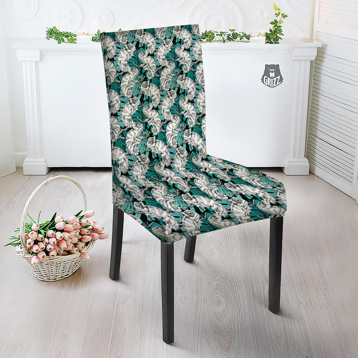 Drawing Chameleon And Monstera Leaf Print Pattern Dining Chair Slipcover-grizzshop