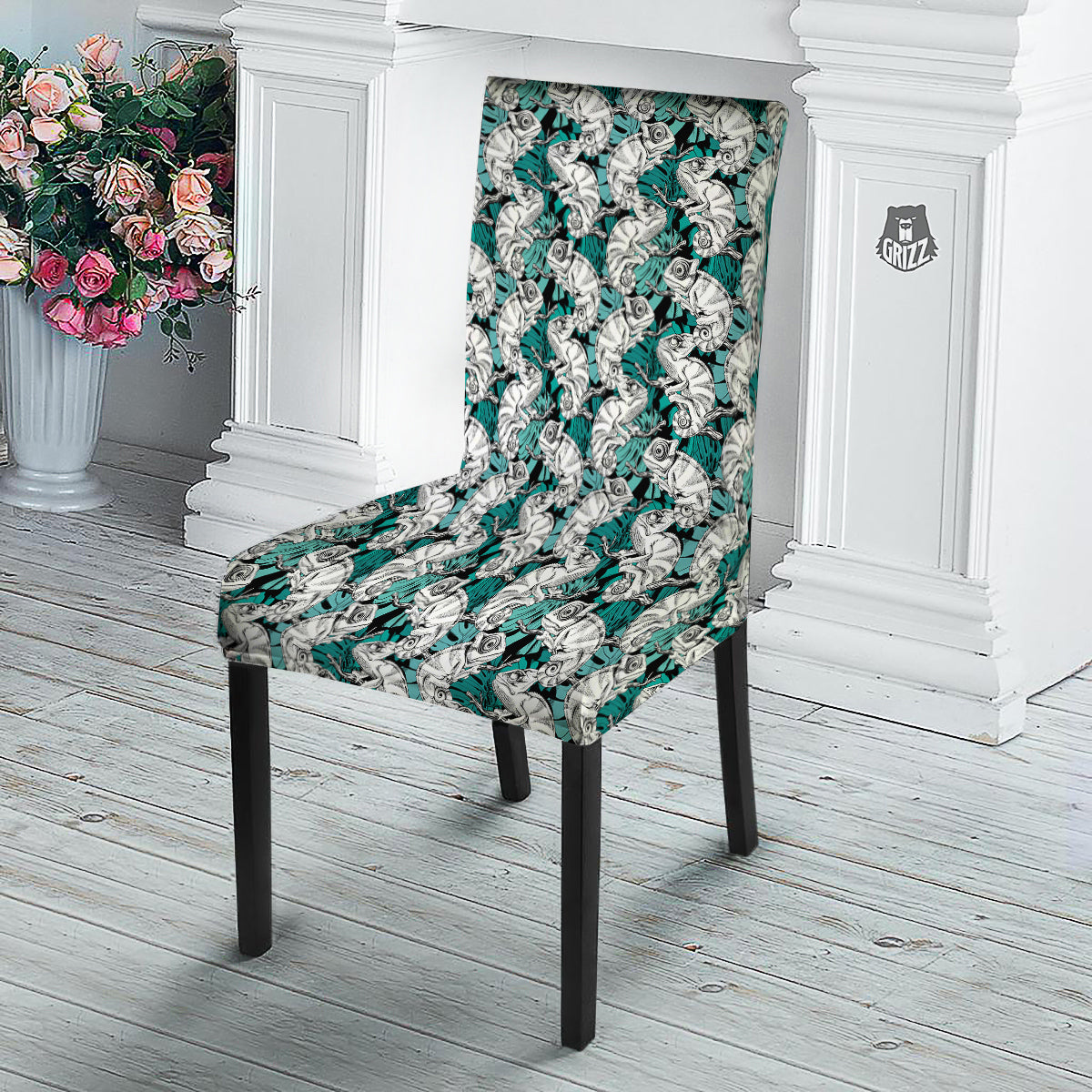 Drawing Chameleon And Monstera Leaf Print Pattern Dining Chair Slipcover-grizzshop