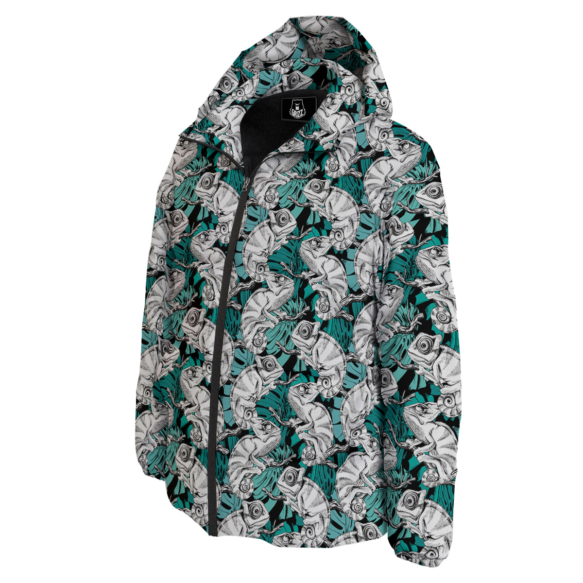 Drawing Chameleon And Monstera Leaf Print Pattern Down Jacket-grizzshop