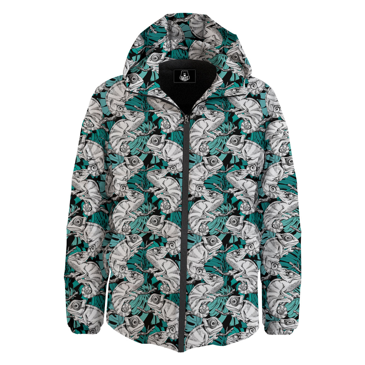Drawing Chameleon And Monstera Leaf Print Pattern Down Jacket-grizzshop