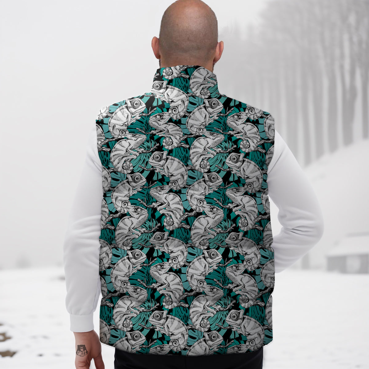 Drawing Chameleon And Monstera Leaf Print Pattern Down Vest