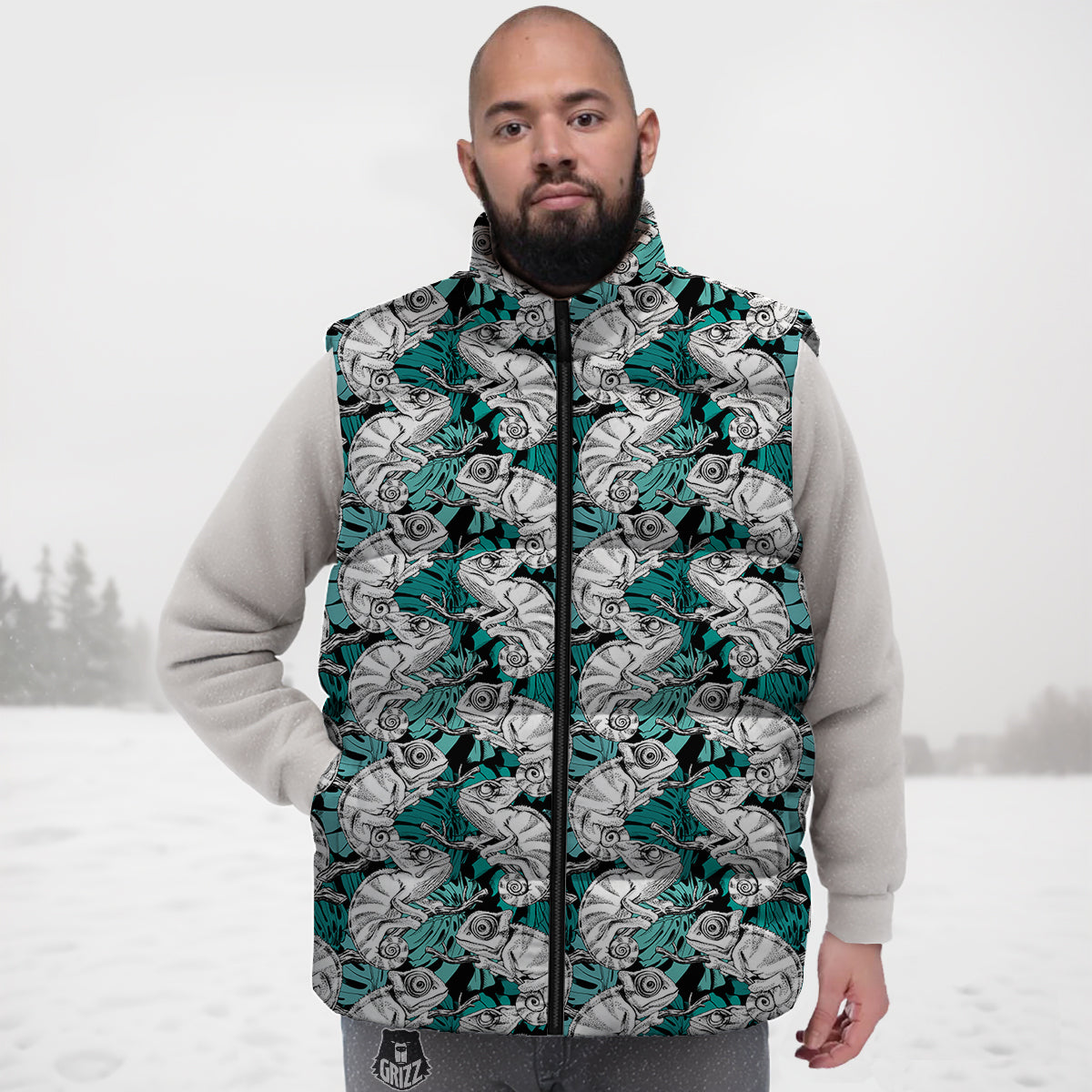 Drawing Chameleon And Monstera Leaf Print Pattern Down Vest