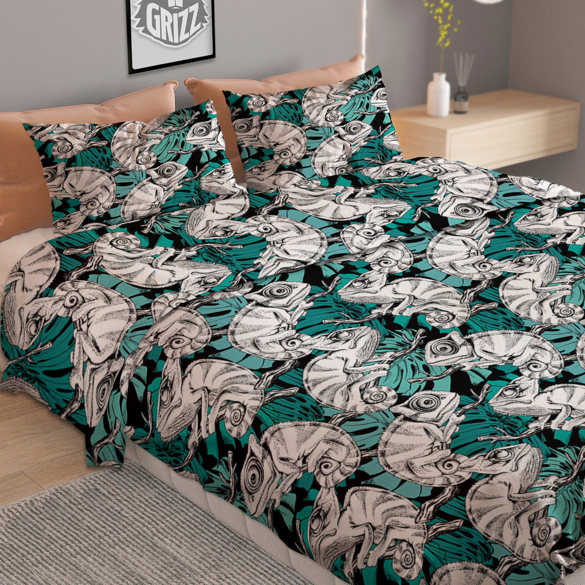 Drawing Chameleon And Monstera Leaf Print Pattern Duvet Cover Bedding Set