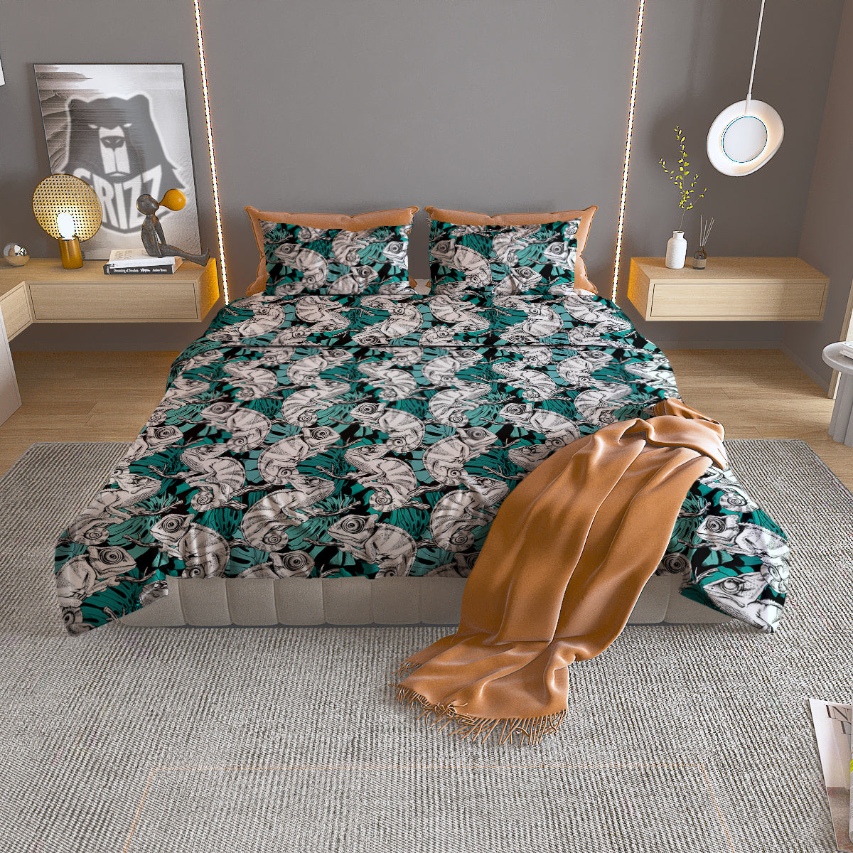 Drawing Chameleon And Monstera Leaf Print Pattern Duvet Cover Bedding Set