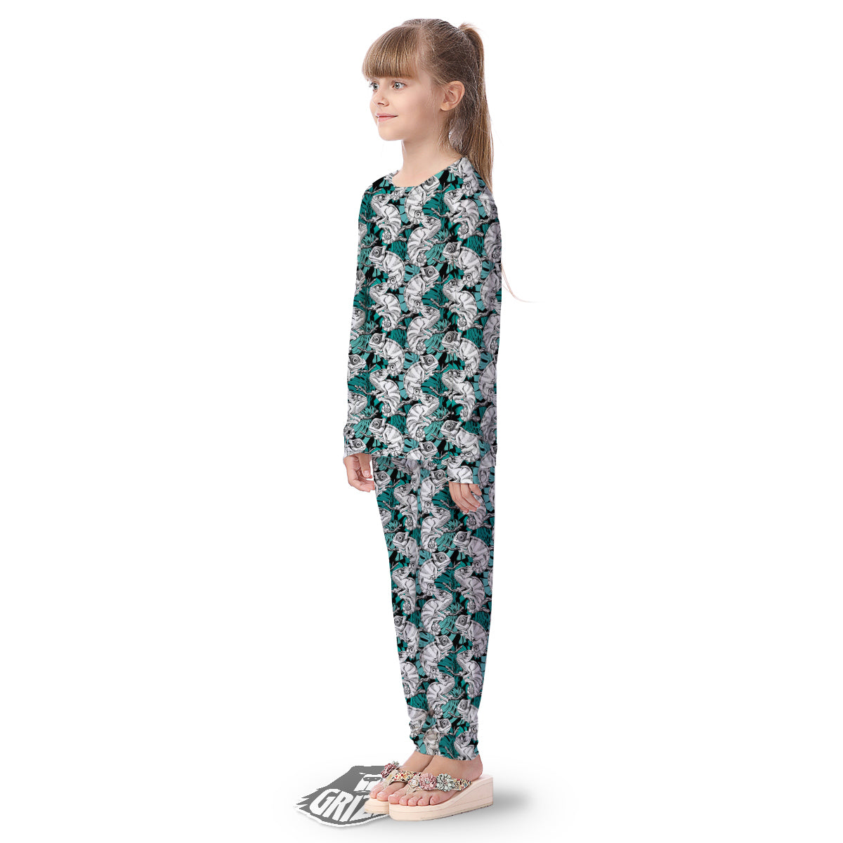 Drawing Chameleon And Monstera Leaf Print Pattern Kid's Pajamas-grizzshop