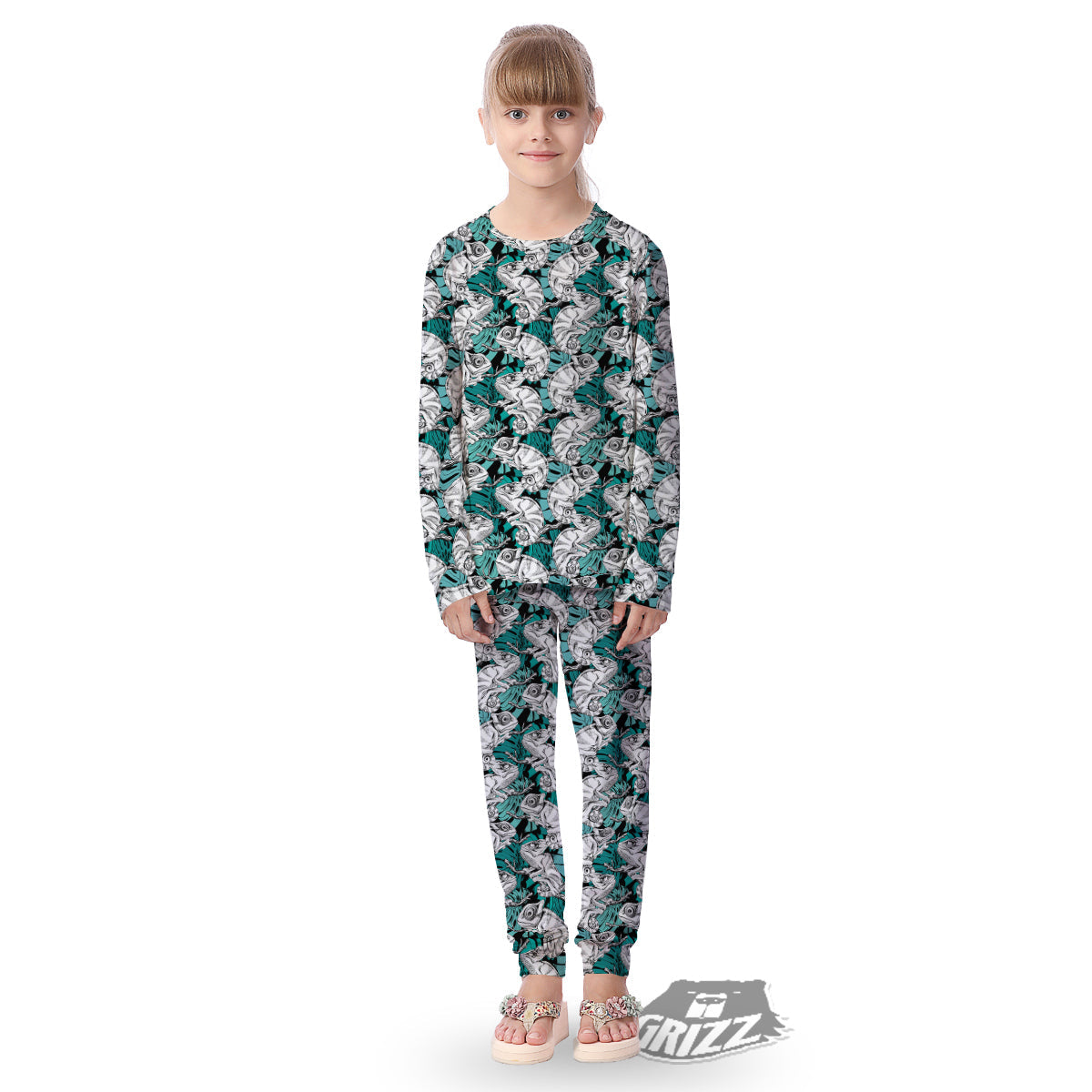 Drawing Chameleon And Monstera Leaf Print Pattern Kid's Pajamas-grizzshop