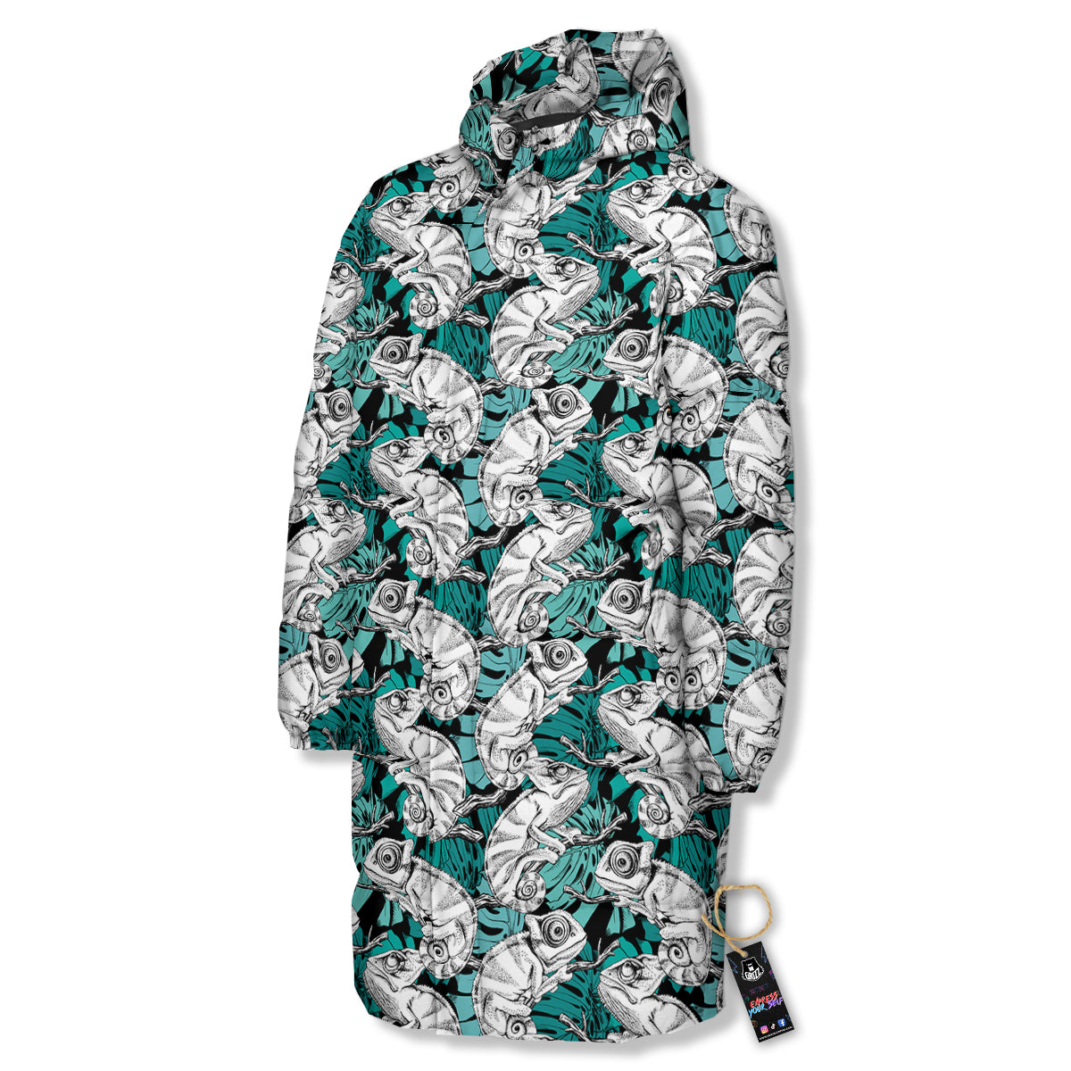 Drawing Chameleon And Monstera Leaf Print Pattern Long Down Jacket-grizzshop