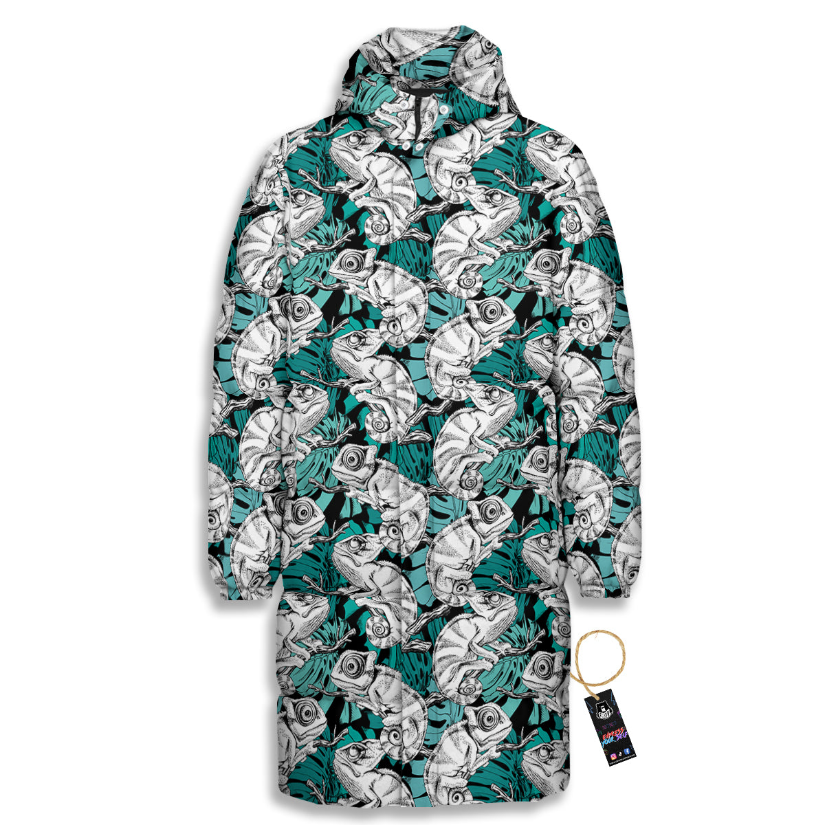 Drawing Chameleon And Monstera Leaf Print Pattern Long Down Jacket-grizzshop
