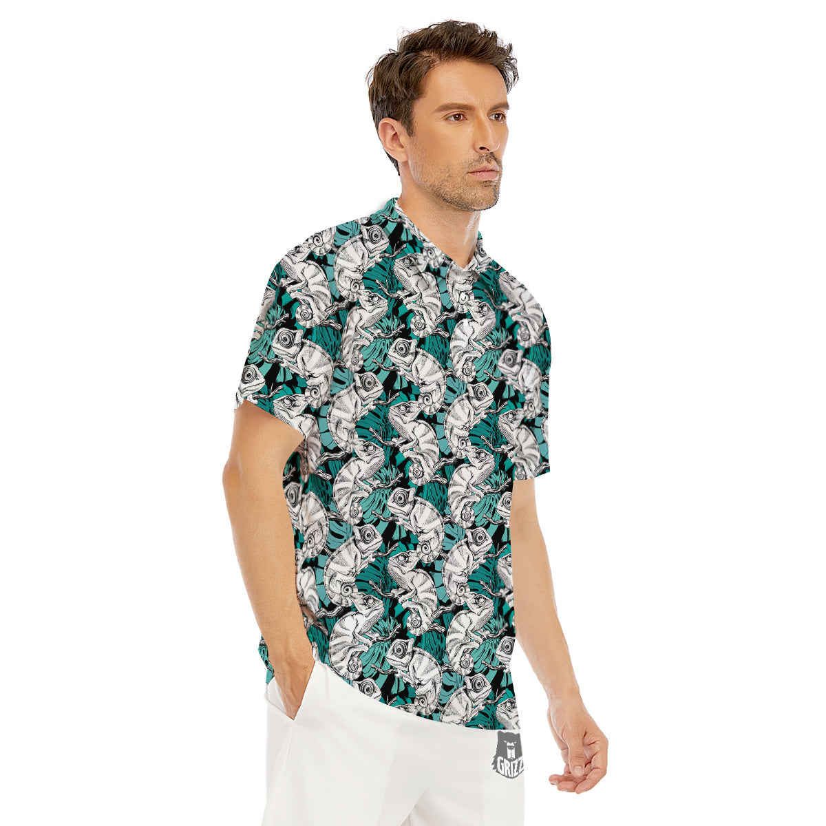 Drawing Chameleon And Monstera Leaf Print Pattern Men's Golf Shirts-grizzshop