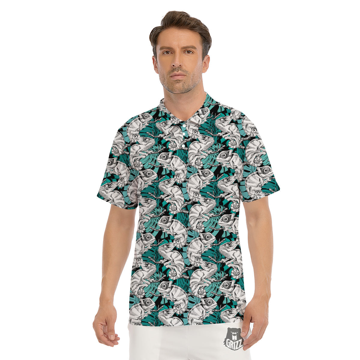 Drawing Chameleon And Monstera Leaf Print Pattern Men's Golf Shirts-grizzshop
