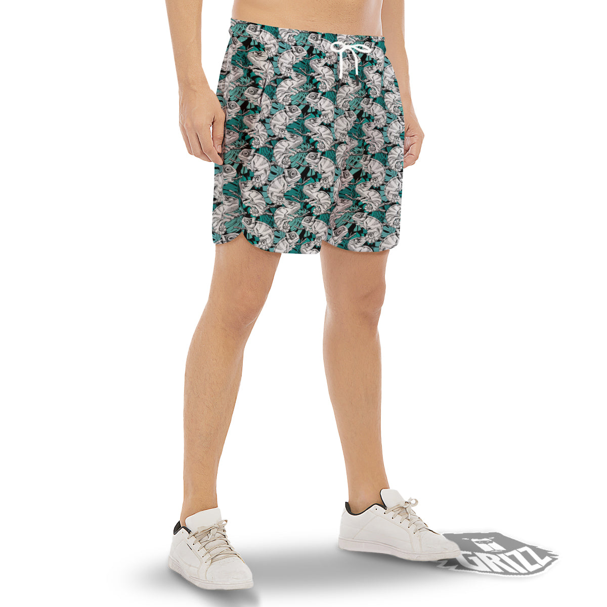 Drawing Chameleon And Monstera Leaf Print Pattern Men's Gym Shorts-grizzshop