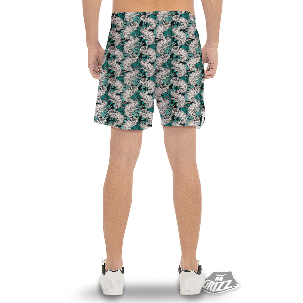 Drawing Chameleon And Monstera Leaf Print Pattern Men's Gym Shorts-grizzshop