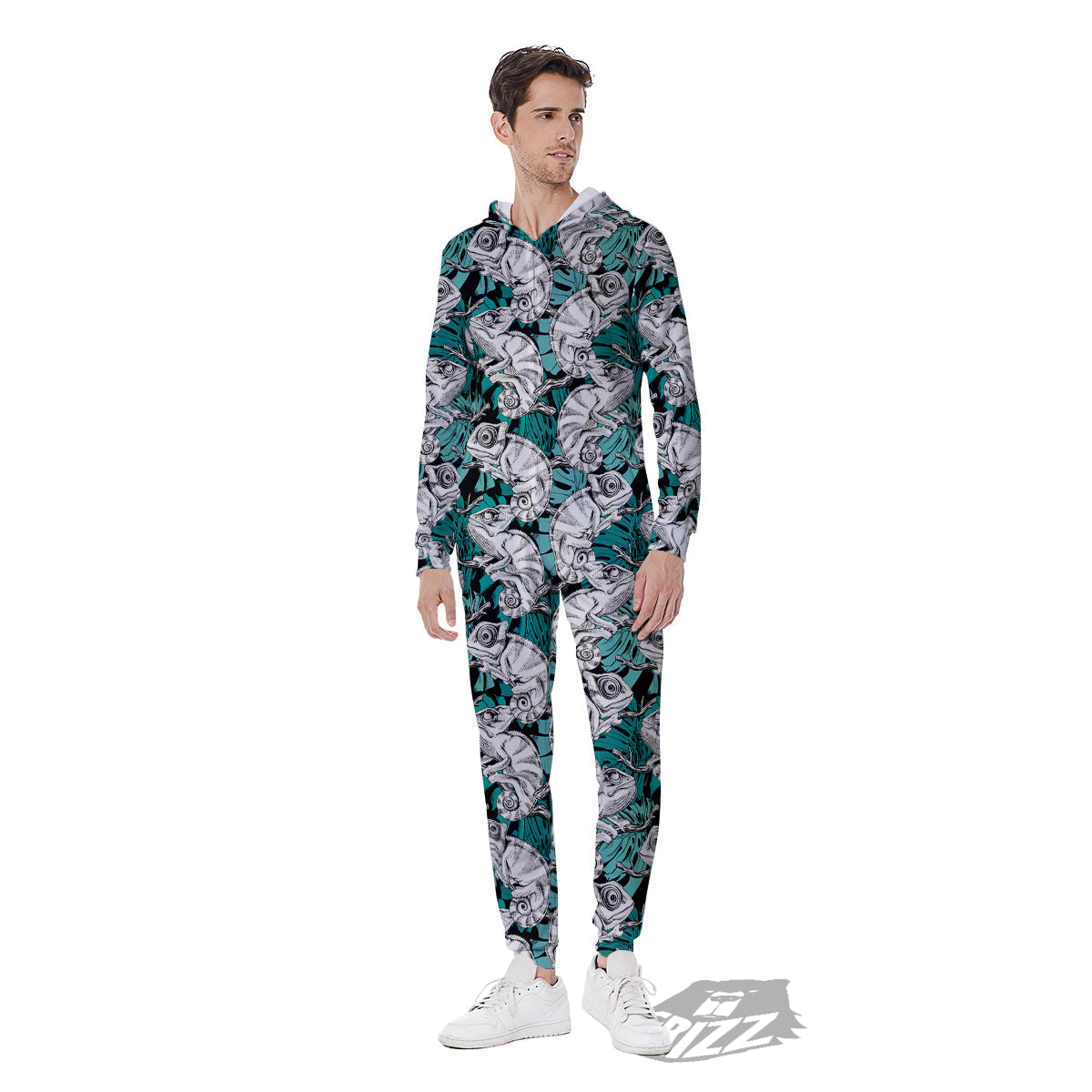 Drawing Chameleon And Monstera Leaf Print Pattern Men's Jumpsuit-grizzshop