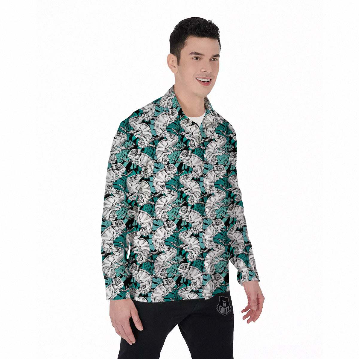 Drawing Chameleon And Monstera Leaf Print Pattern Men's Long Sleeve Shirts-grizzshop