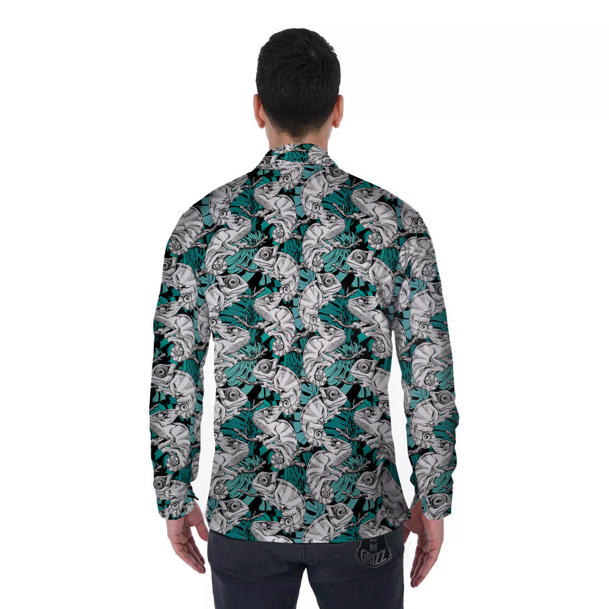 Drawing Chameleon And Monstera Leaf Print Pattern Men's Long Sleeve Shirts-grizzshop