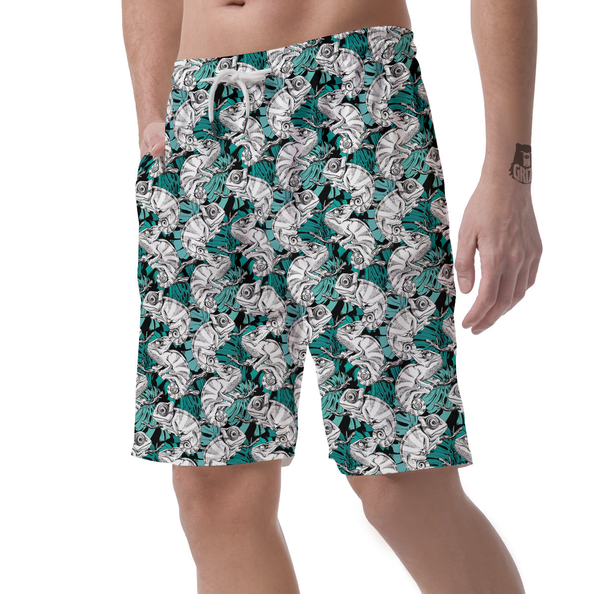 Drawing Chameleon And Monstera Leaf Print Pattern Men's Shorts-grizzshop