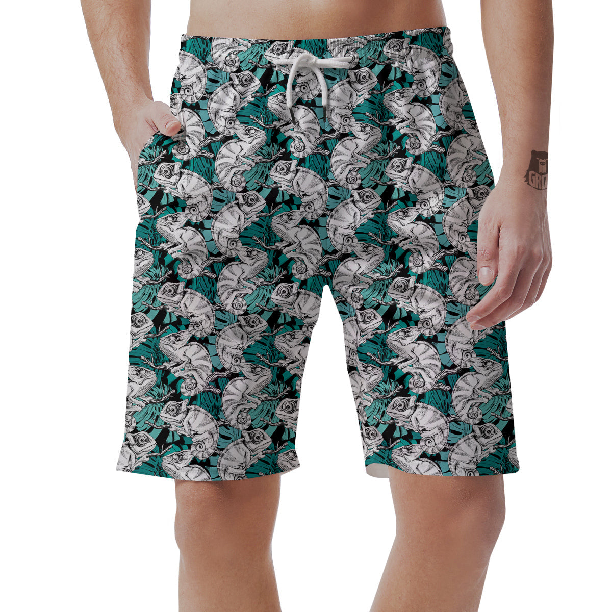 Drawing Chameleon And Monstera Leaf Print Pattern Men's Shorts-grizzshop
