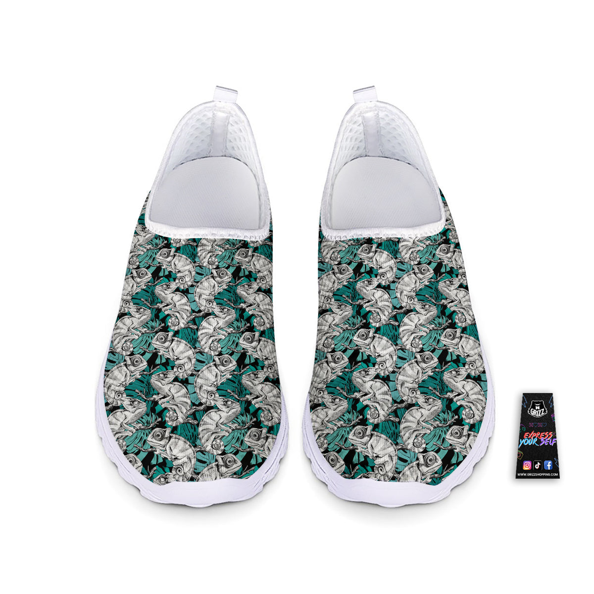 Drawing Chameleon And Monstera Leaf Print Pattern Nurse Shoes-grizzshop