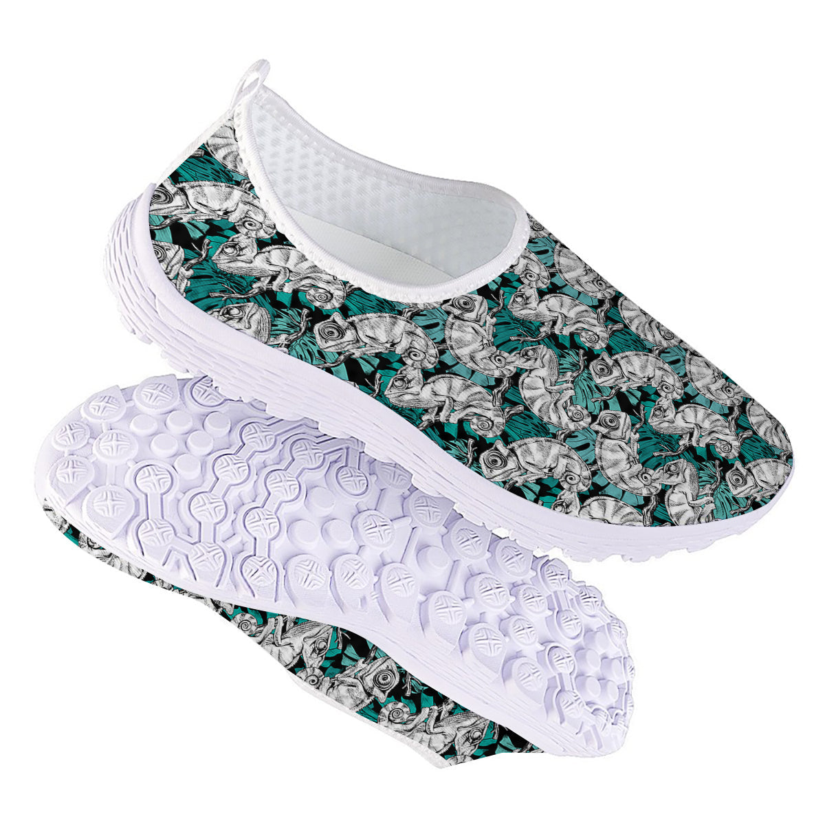 Drawing Chameleon And Monstera Leaf Print Pattern Nurse Shoes-grizzshop