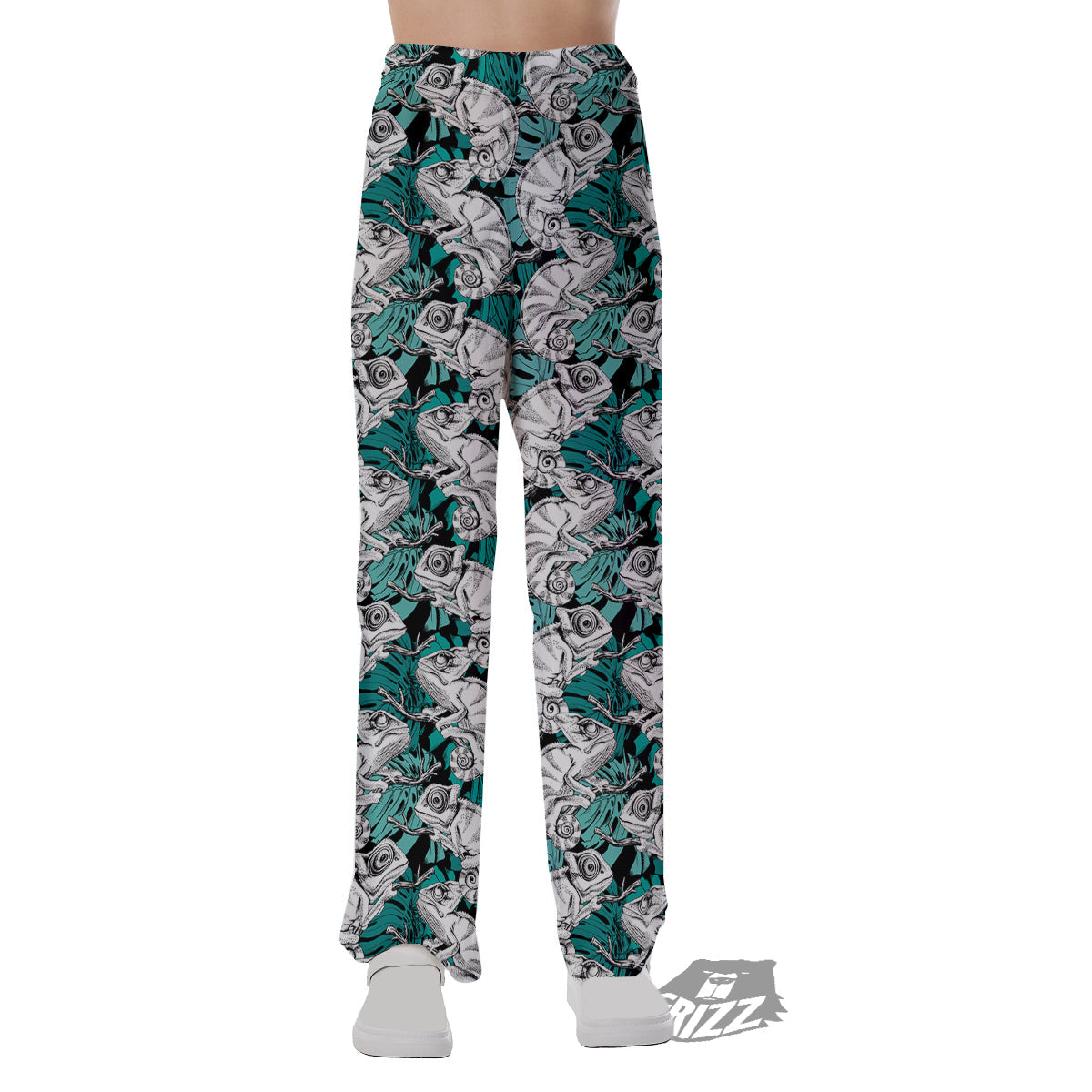 Drawing Chameleon And Monstera Leaf Print Pattern Pajama Pants-grizzshop