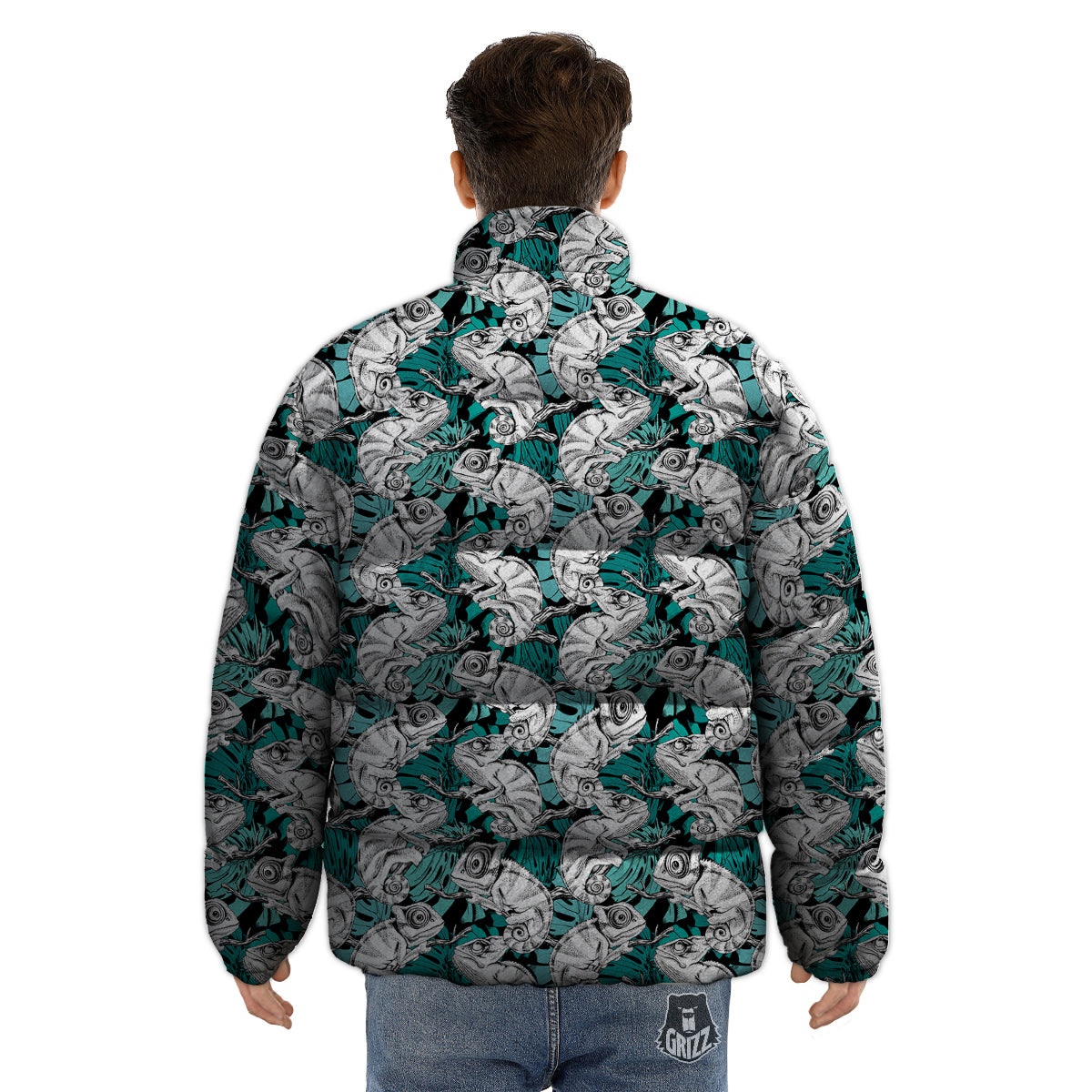 Drawing Chameleon And Monstera Leaf Print Pattern Puffer Jacket-grizzshop