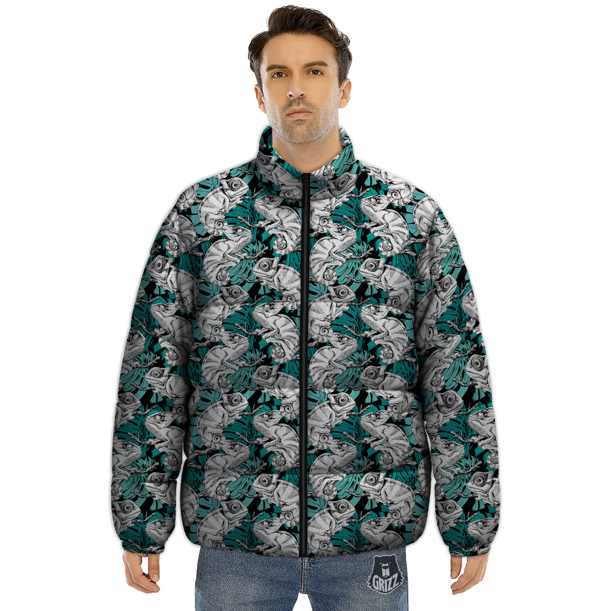 Drawing Chameleon And Monstera Leaf Print Pattern Puffer Jacket-grizzshop