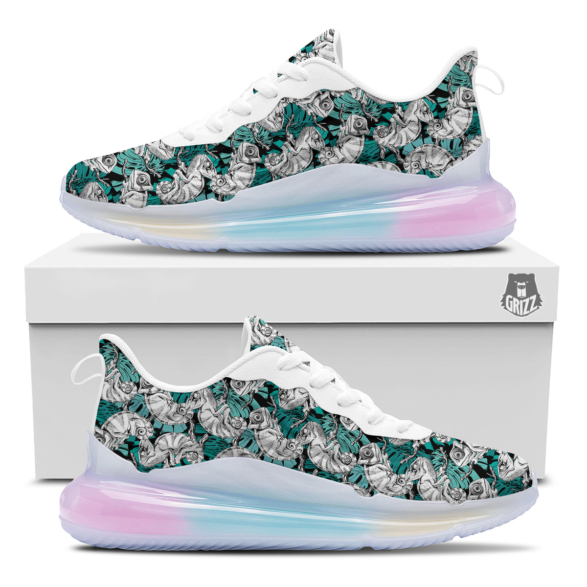 Drawing Chameleon And Monstera Leaf Print Pattern Running Sneakers-grizzshop