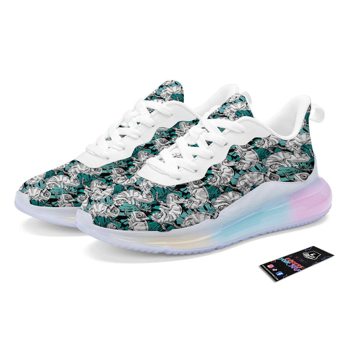 Drawing Chameleon And Monstera Leaf Print Pattern Running Sneakers-grizzshop