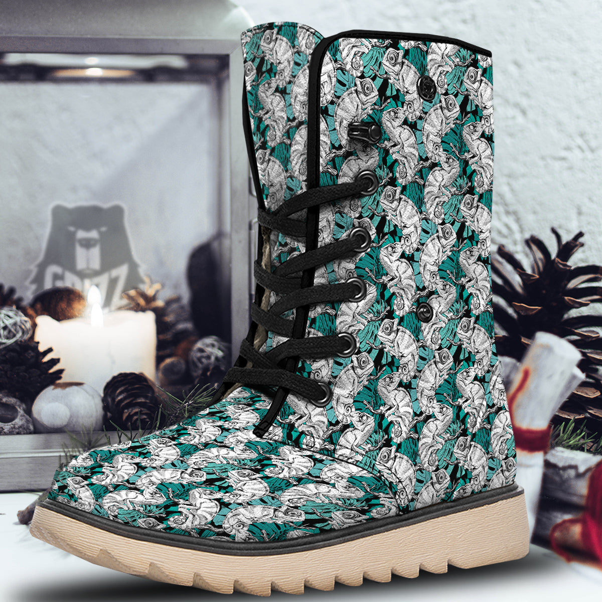 Drawing Chameleon And Monstera Leaf Print Pattern Snow Boots-grizzshop