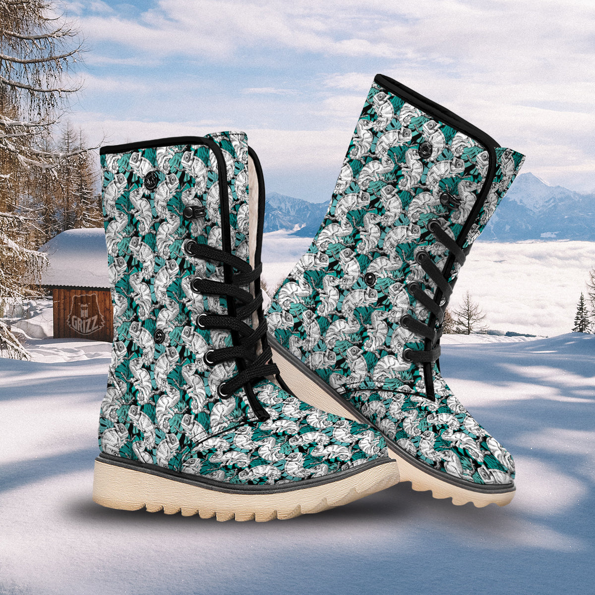 Drawing Chameleon And Monstera Leaf Print Pattern Snow Boots-grizzshop