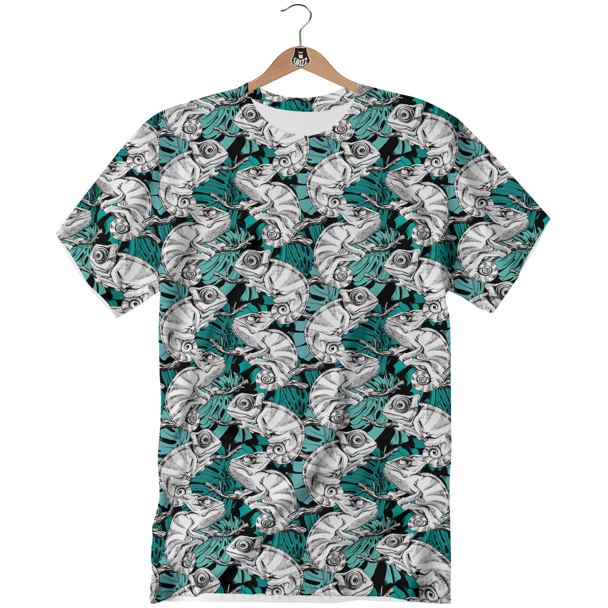 Drawing Chameleon And Monstera Leaf Print Pattern T-Shirt-grizzshop