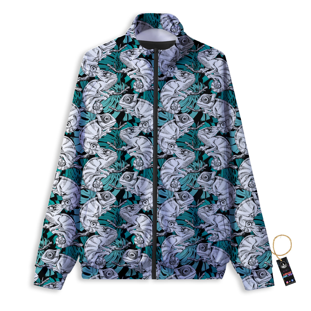 Drawing Chameleon And Monstera Leaf Print Pattern Track Jacket-grizzshop