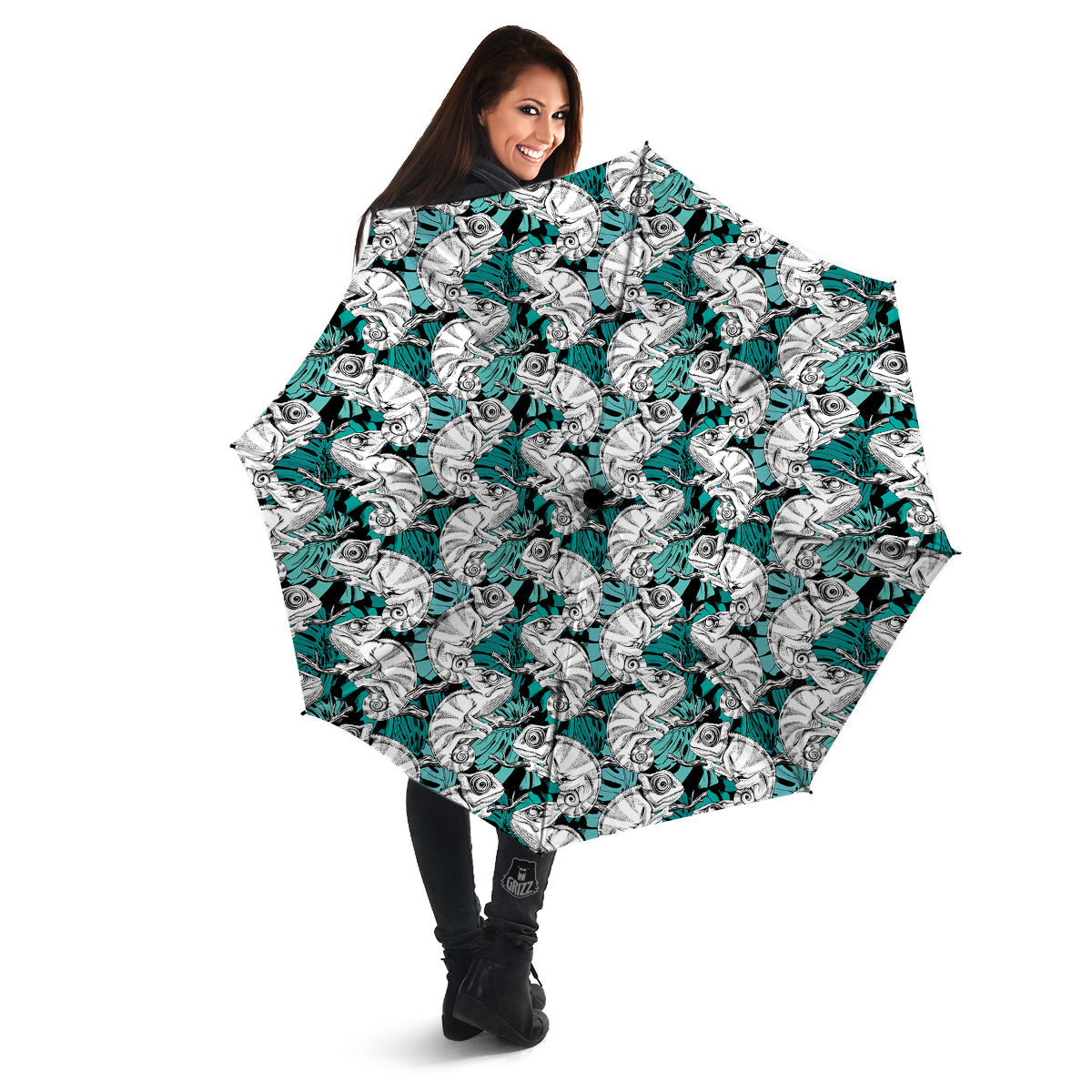 Drawing Chameleon And Monstera Leaf Print Pattern Umbrella-grizzshop