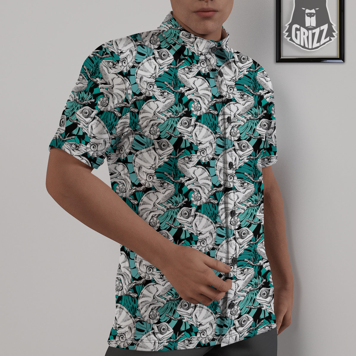 Drawing Chameleon And Monstera Leaf Print Pattern Untucked Shirts-grizzshop