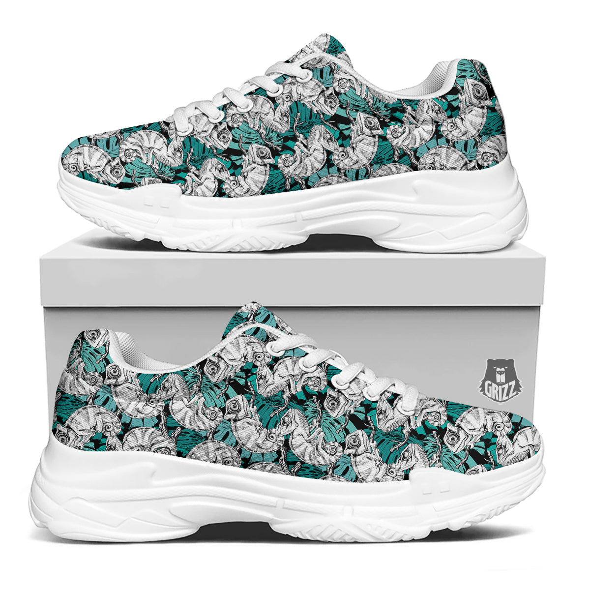 Drawing Chameleon And Monstera Leaf Print Pattern White Chunky Shoes-grizzshop