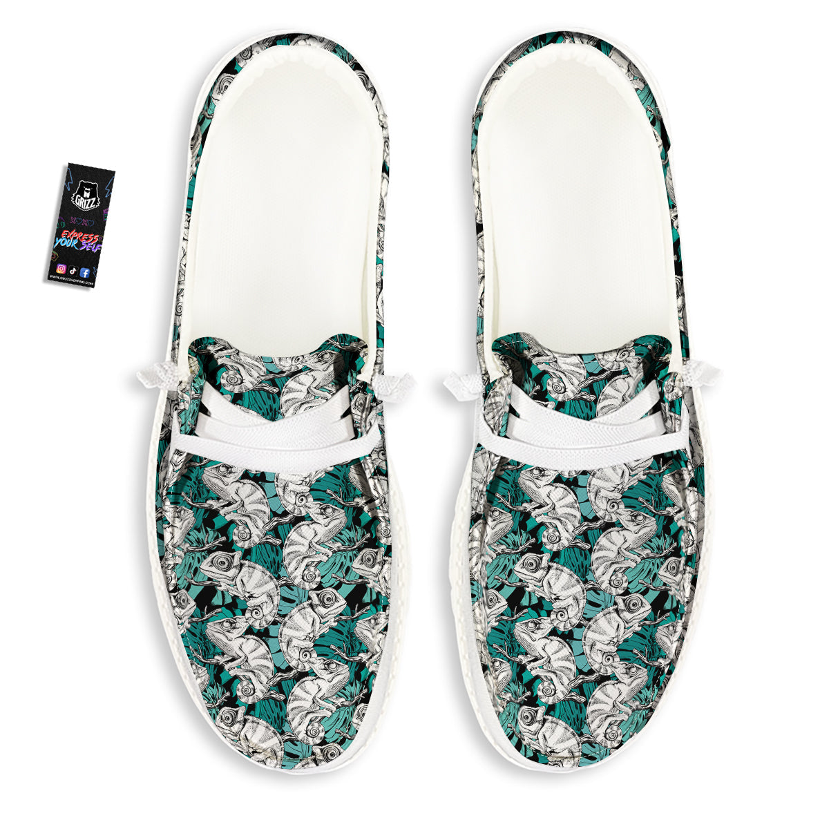Drawing Chameleon And Monstera Leaf Print Pattern White Loafers-grizzshop
