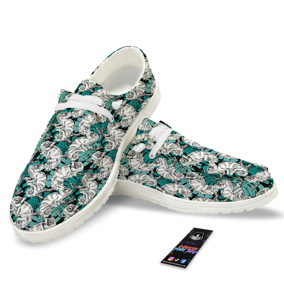 Drawing Chameleon And Monstera Leaf Print Pattern White Loafers-grizzshop