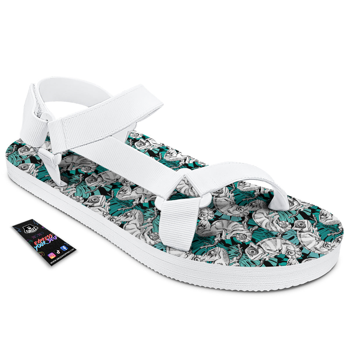 Drawing Chameleon And Monstera Leaf Print Pattern White Open Toe Sandals-grizzshop