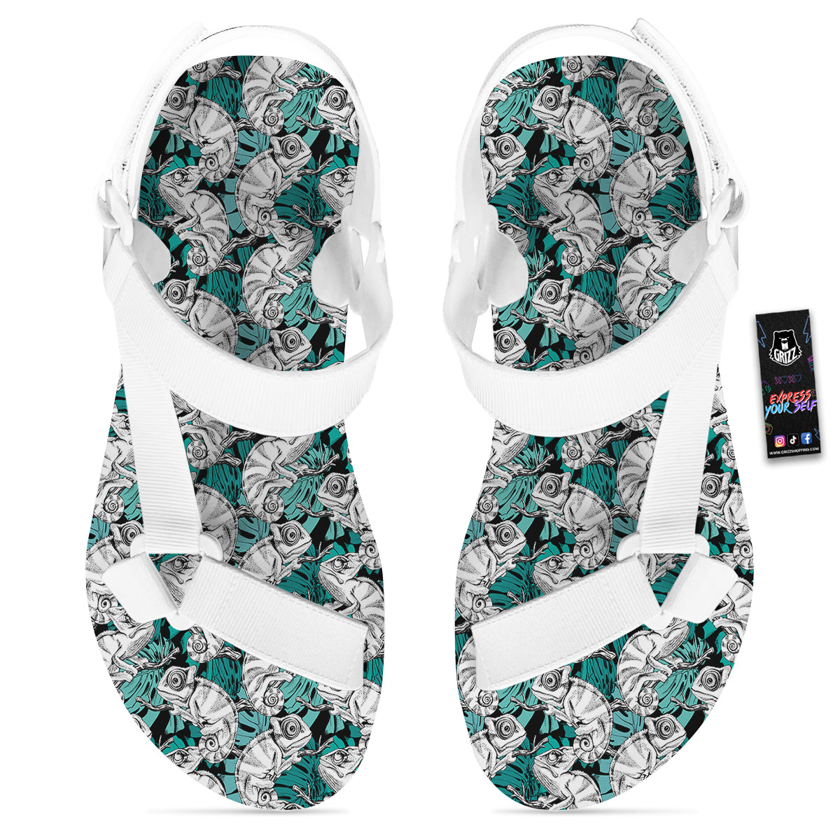 Drawing Chameleon And Monstera Leaf Print Pattern White Open Toe Sandals-grizzshop