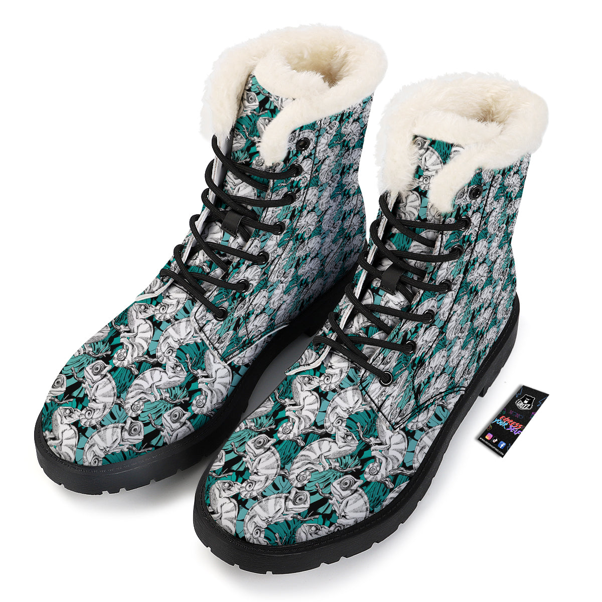 Drawing Chameleon And Monstera Leaf Print Pattern Winter Boots-grizzshop