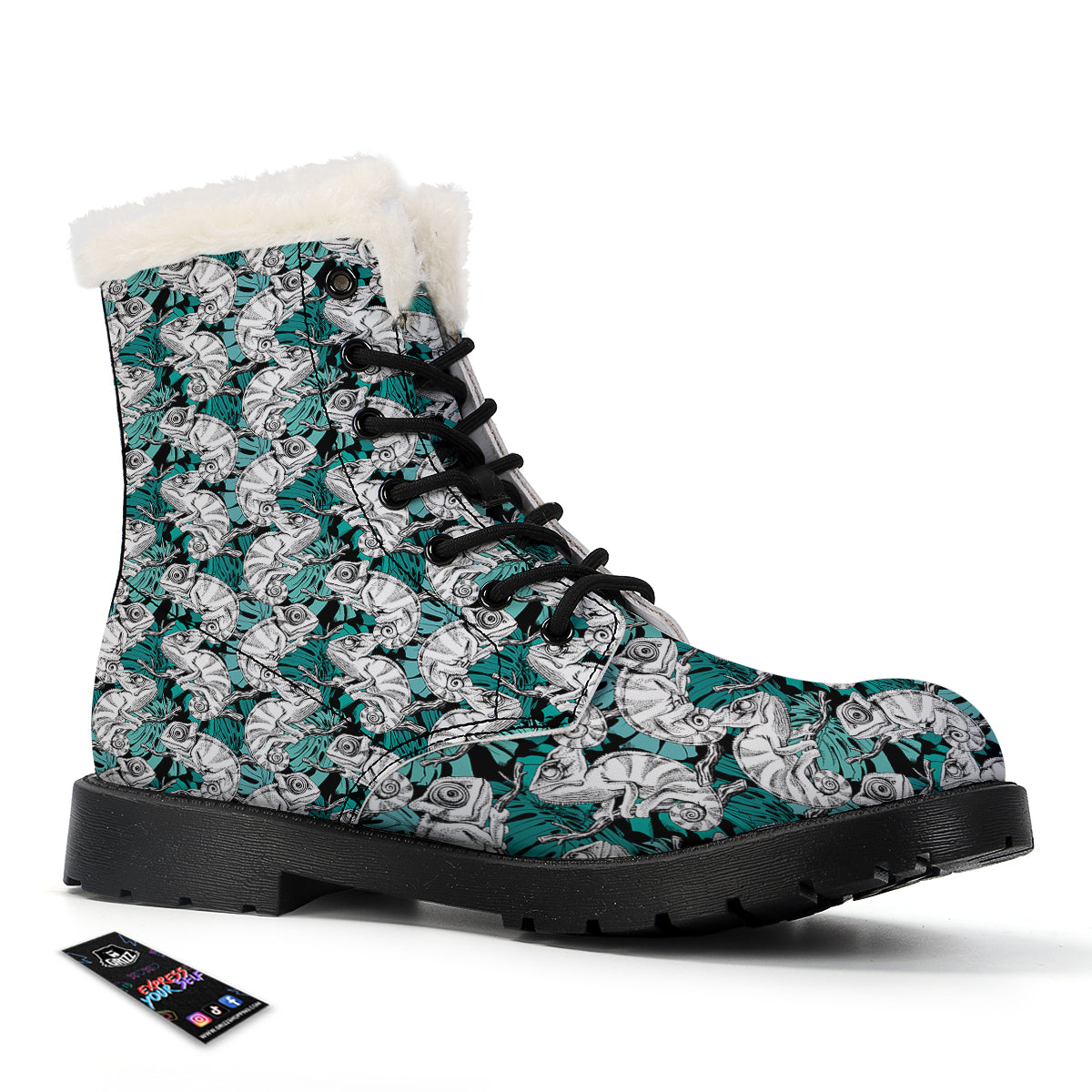 Drawing Chameleon And Monstera Leaf Print Pattern Winter Boots-grizzshop