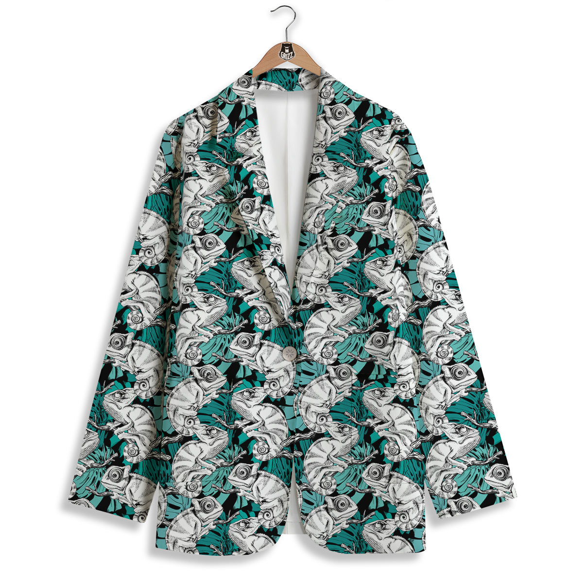 Drawing Chameleon And Monstera Leaf Print Pattern Women's Blazer-grizzshop