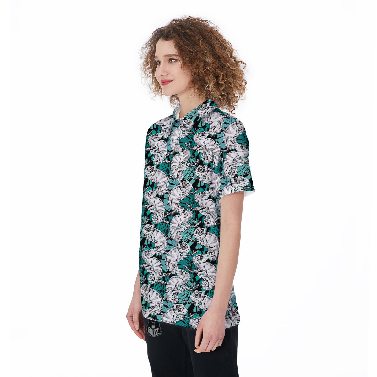 Drawing Chameleon And Monstera Leaf Print Pattern Women's Golf Shirts-grizzshop