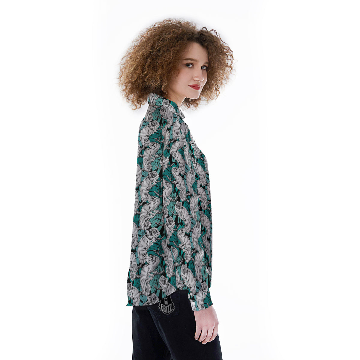 Drawing Chameleon And Monstera Leaf Print Pattern Women's Long Sleeve Shirts-grizzshop