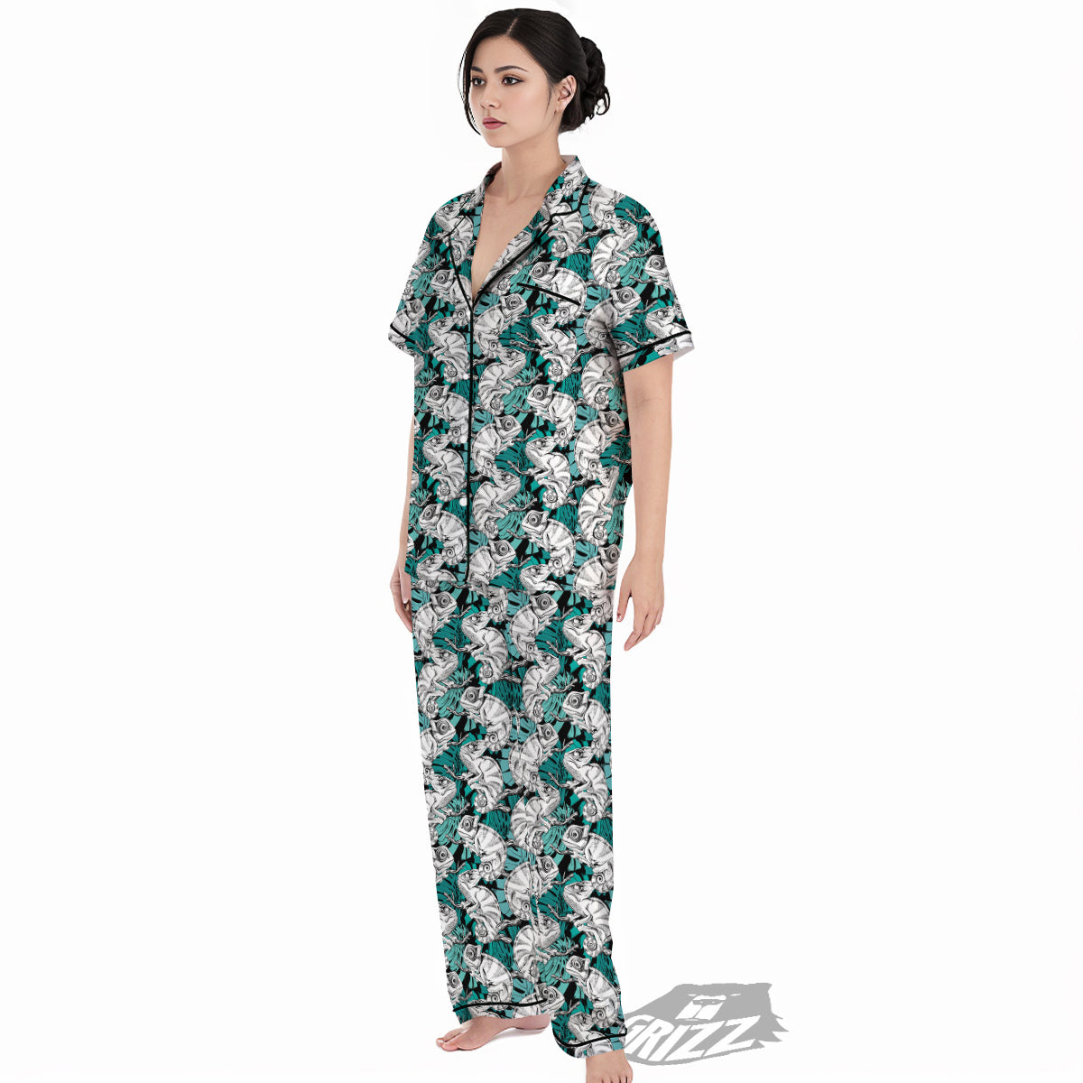 Drawing Chameleon And Monstera Leaf Print Pattern Women's Pajamas Set-grizzshop