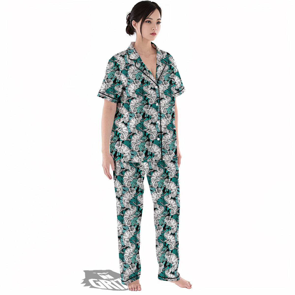 Drawing Chameleon And Monstera Leaf Print Pattern Women's Pajamas Set-grizzshop