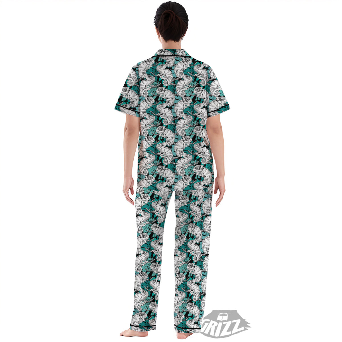 Drawing Chameleon And Monstera Leaf Print Pattern Women's Pajamas Set-grizzshop