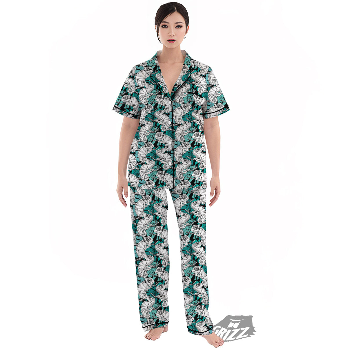 Drawing Chameleon And Monstera Leaf Print Pattern Women's Pajamas Set-grizzshop